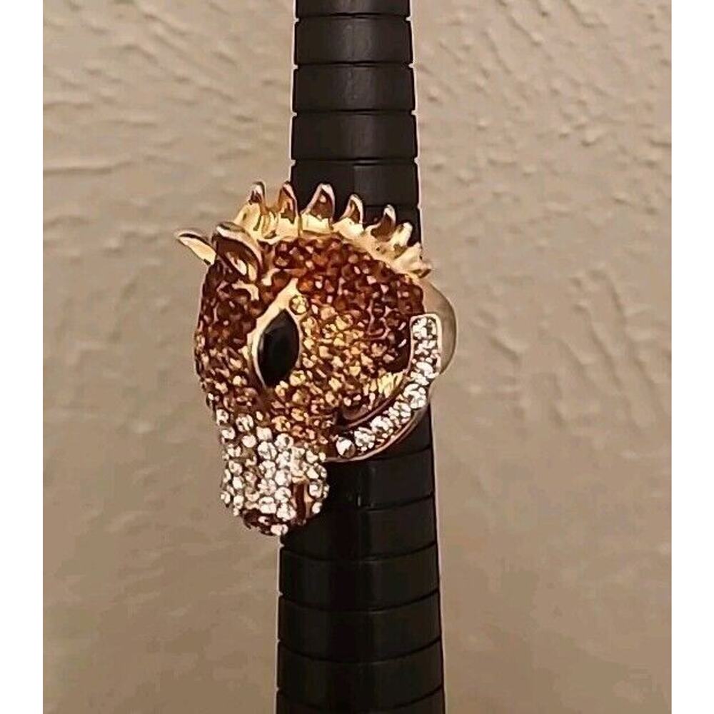 Horse Ring Sz 5 Rhinestone Head Horseshoe Gold Tone Pegasus‎ Vintage